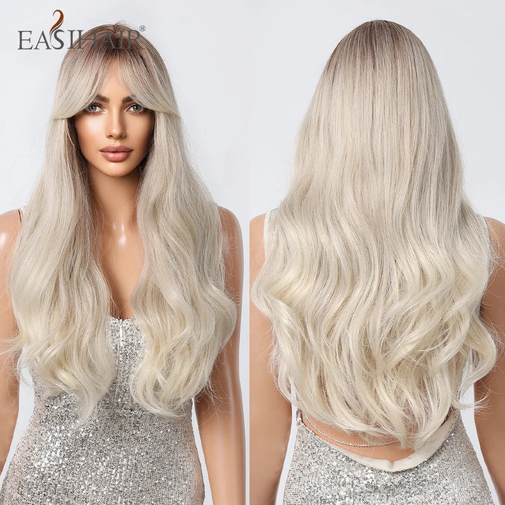 EASIHAIR Sandy Blonde Golden Wavy Synthetic Wigs with Long Hair Wigs for Women Natural Heat Resistant