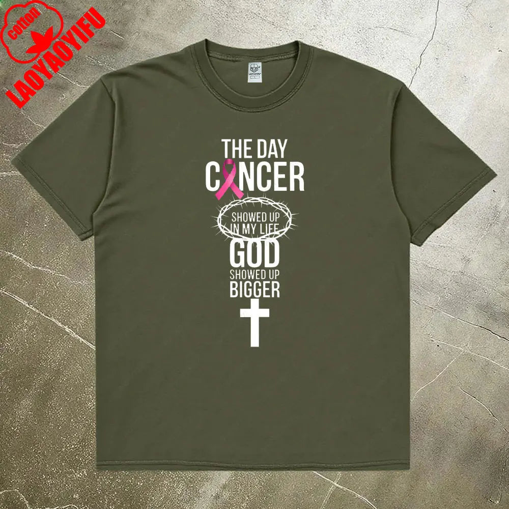 Breast Cancer Awareness Month Women Shirt Breast Cancer Awareness God Showed Up Bigger Christian Quote for T-Shirts Tops