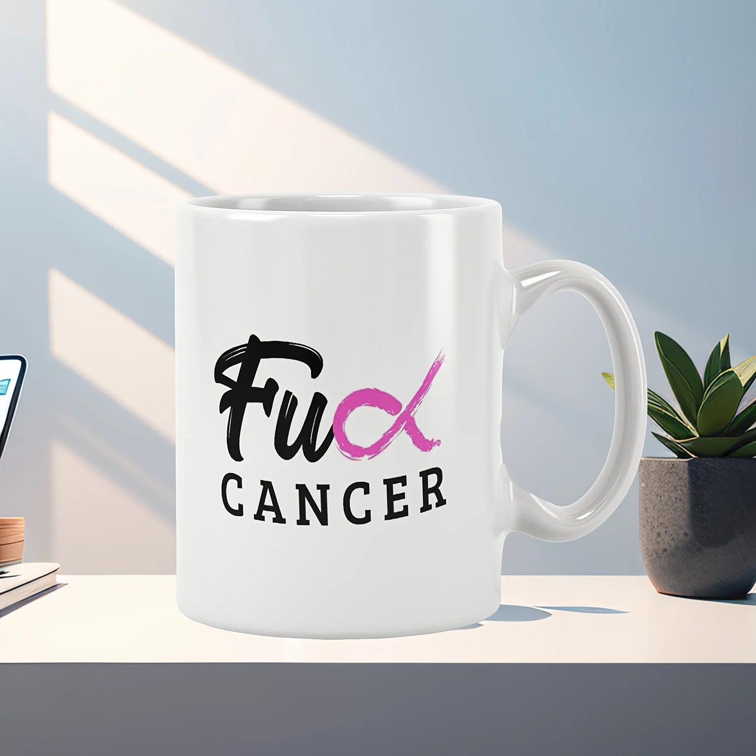 1pc Cancer Pink Ribbon Ceramic Coffee Mug Motivational Inspirational Uplifting Funny Gift for Breast Cancer Survivor