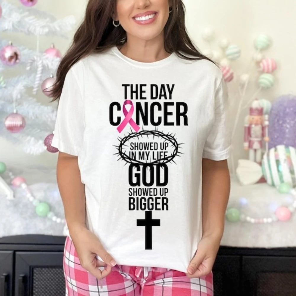 Breast Cancer Awareness Month Women Shirt Breast Cancer Awareness God Showed Up Bigger Christian Quote for T-Shirts Tops