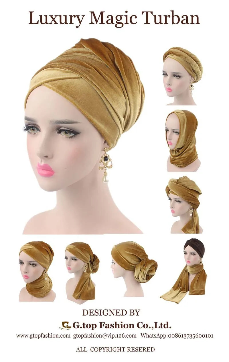 New Women Pleated Velvet  Elegant Head Wrap Extra Long Tube, Headwrap Scarf Tie for Chemo