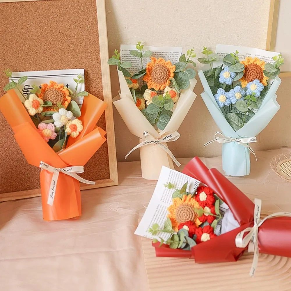 Handmade Eternal Flower Sunflower Daisy Bouquet Artificial Flower Crochet Bouquet Anniversary Mothers Day Valentine's Day Gift