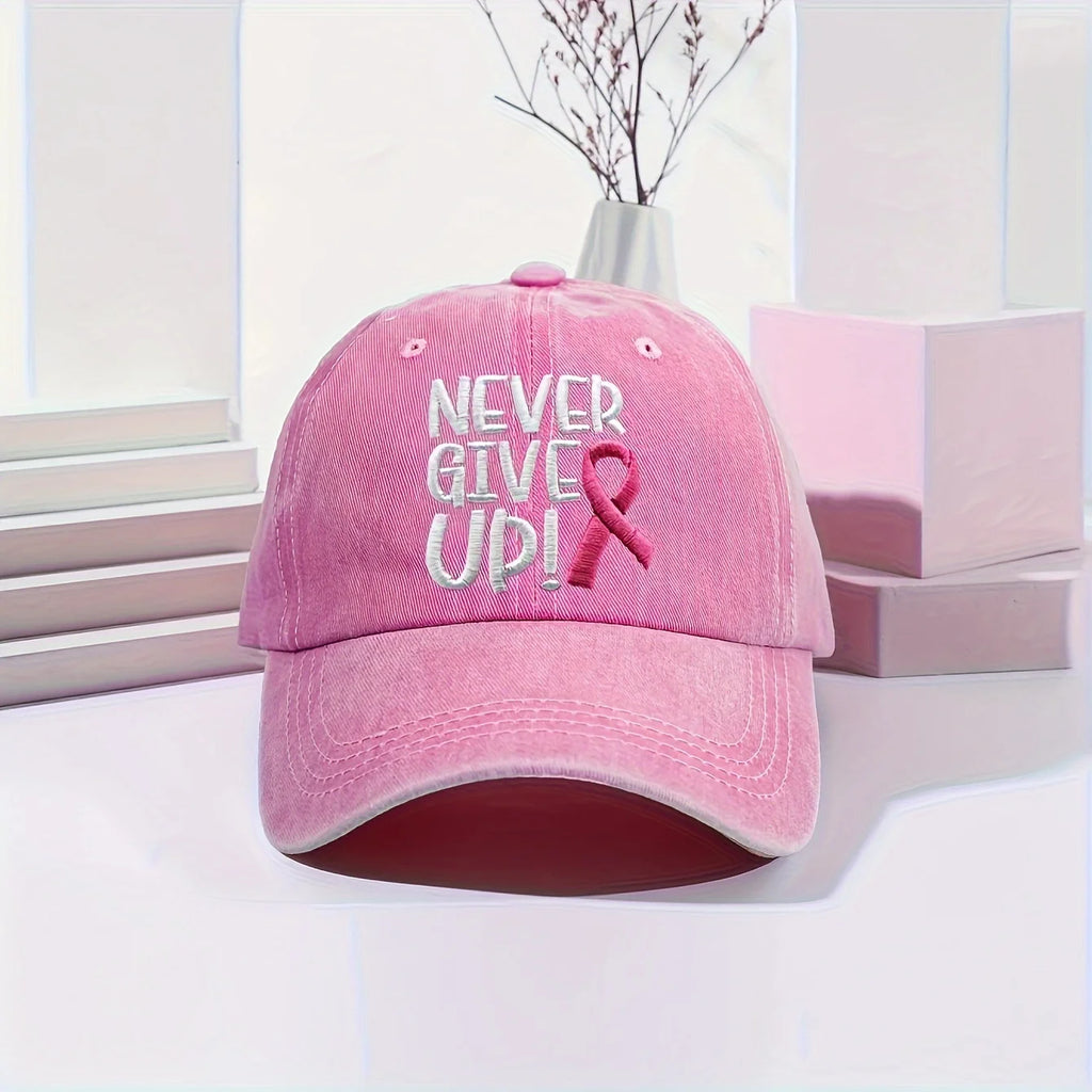 A Pink Ribbon Embroidered Baseball Cap Breast Cancer Awareness, Featuring a 'Never Give Up' Message, Designed for