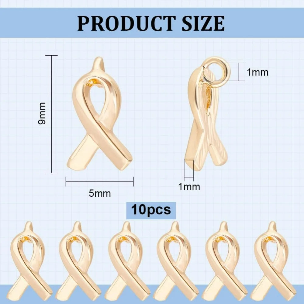 10pcs CHARM to put on necklace; Gold Plated Awareness Ribbon Charms Breast Cancer Brass Hope Awareness Pendant Charms with Loop