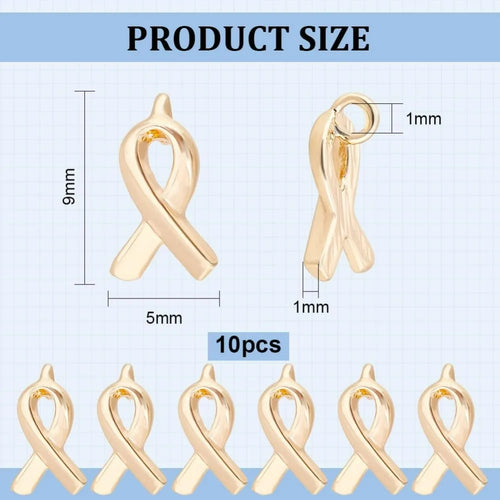 10pcs CHARM to put on necklace; Gold Plated Awareness Ribbon Charms Breast Cancer Brass Hope Awareness Pendant Charms with Loop