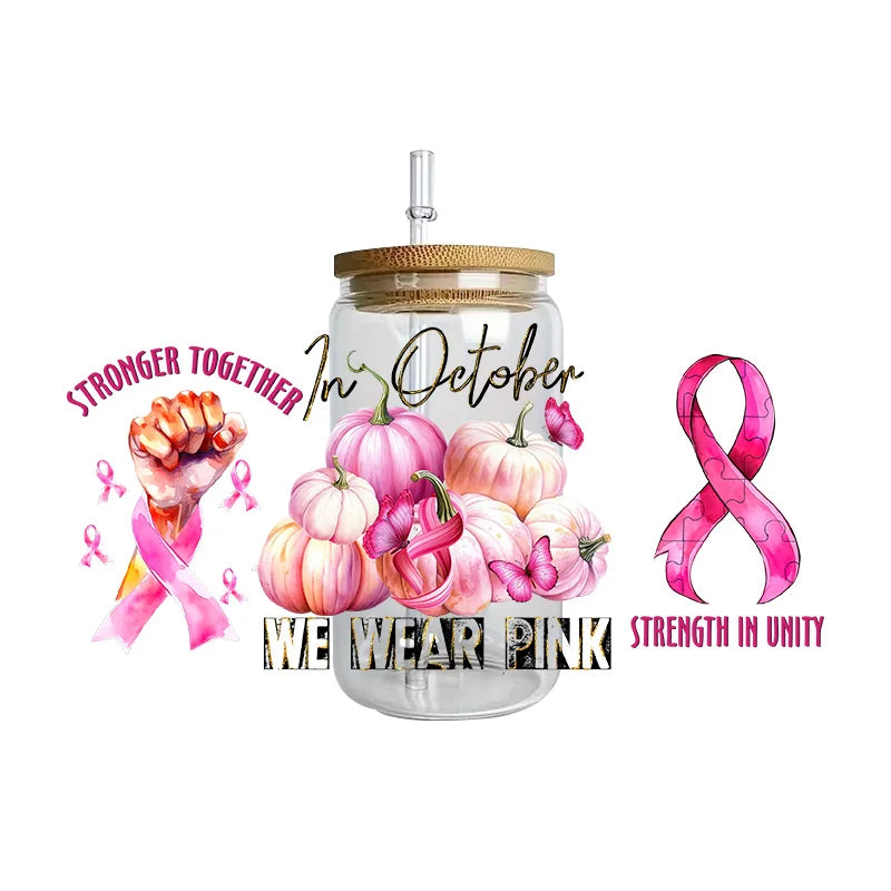 Pink Ribbon Affirmation Cup Wraps Decals for 16oz Libbey Glass Breast Cancer Awareness 3D Transfer Stickers UV DTF Cup Wraps