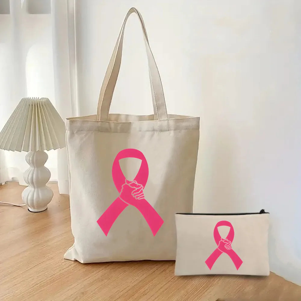 October Pink Breast Cancer Awareness Pattern Bag Set, Lightweight Large Capacity Tote Bag, Party Gift Handbag for Girls