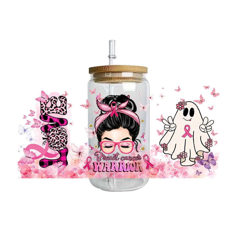 Pink Ribbon Affirmation Cup Wraps Decals for 16oz Libbey Glass Breast Cancer Awareness 3D Transfer Stickers UV DTF Cup Wraps
