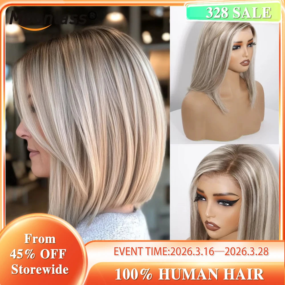 Moonlass 210 Density Highlight Grey Velvet Blunt Cut Bob 100% Human Hair Wigs Breathable Cap Construction Luxury for Everyday