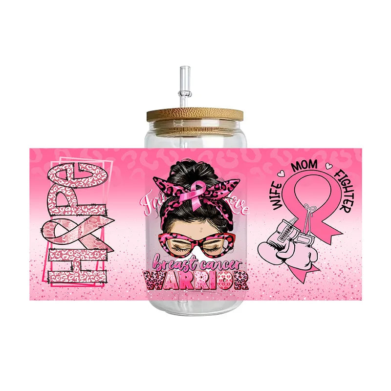 Pink Ribbon Affirmation Cup Wraps Decals for 16oz Libbey Glass Breast Cancer Awareness 3D Transfer Stickers UV DTF Cup Wraps