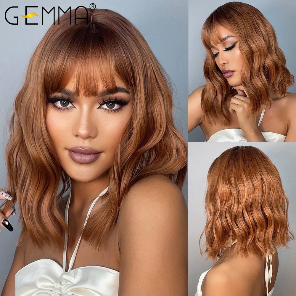 GEMMA Dark Brown BoBo Synthetic Wig with Bangs Shoulder Length Straight Wig for Women Cosplay Daily Hair Wig Heat Resistant Fibr