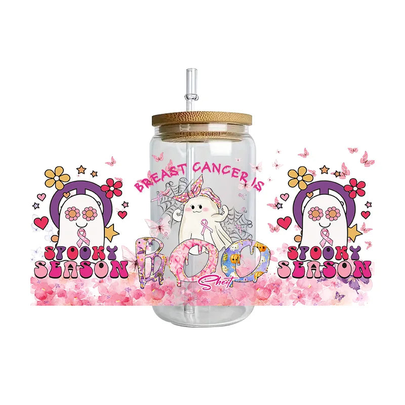 Pink Ribbon Affirmation Cup Wraps Decals for 16oz Libbey Glass Breast Cancer Awareness 3D Transfer Stickers UV DTF Cup Wraps