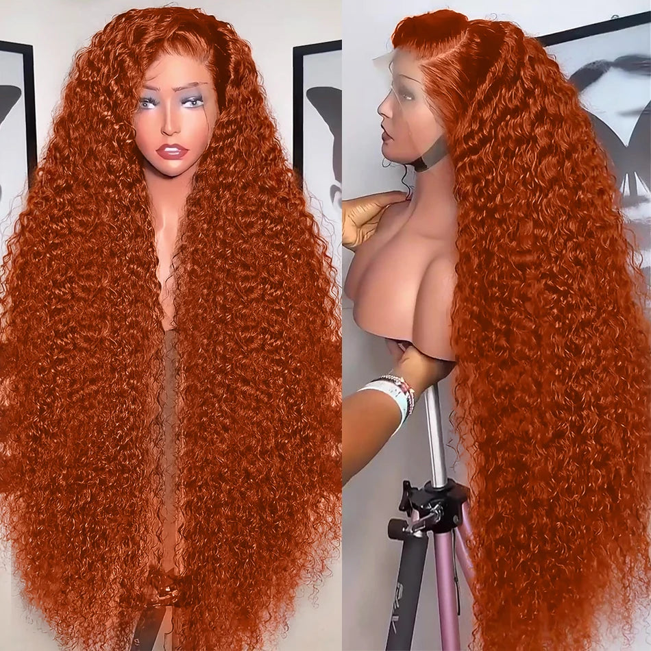 34inch Orange Ginger Water Wave Lace Front Wigs 13x4 13x6 #350 Colored Wigs 100% Brazilian Human Hair Deep Curly Wigs 260Density