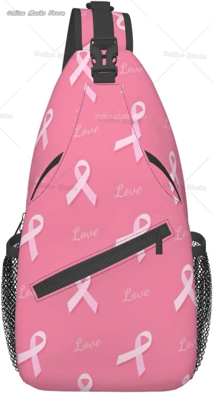 Breast Cancer Pink Awareness Ribbon Sling Bag for Women Girls Shoulder Backpack Chest Bags Crossbody Daypack for Hiking Camping