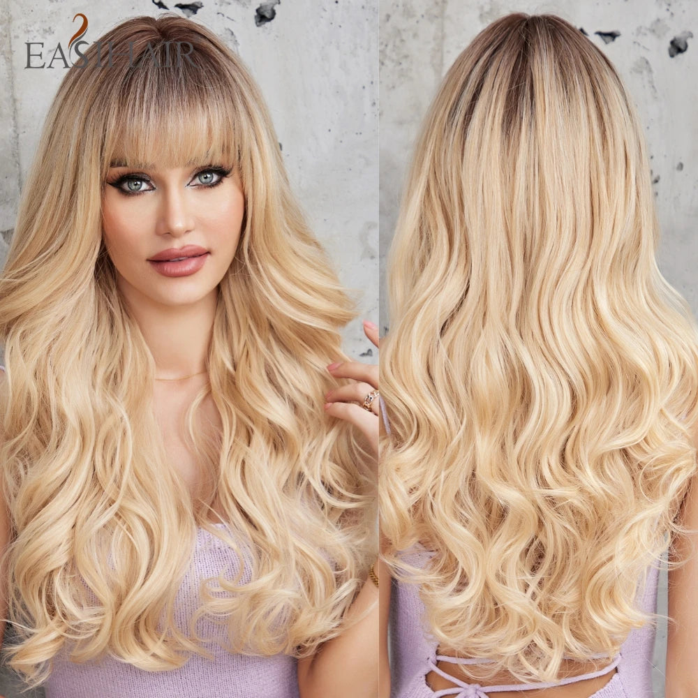 EASIHAIR Sandy Blonde Golden Wavy Synthetic Wigs with Long Hair Wigs for Women Natural Heat Resistant