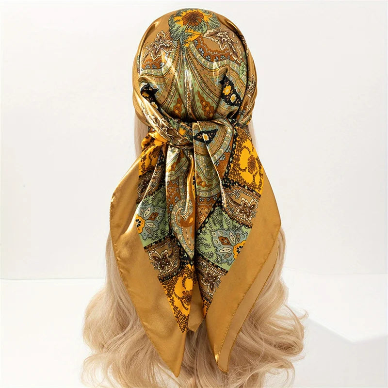 Satin Square Scarf Women  Elegant 2025 Print Silk Neckerchief Shawl Wraps Headband Handle Hair Accessories Bandana