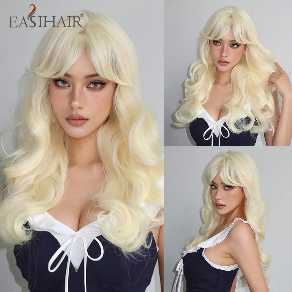 EASIHAIR Sandy Blonde Golden Wavy Synthetic Wigs with Long Hair Wigs for Women Natural Heat Resistant