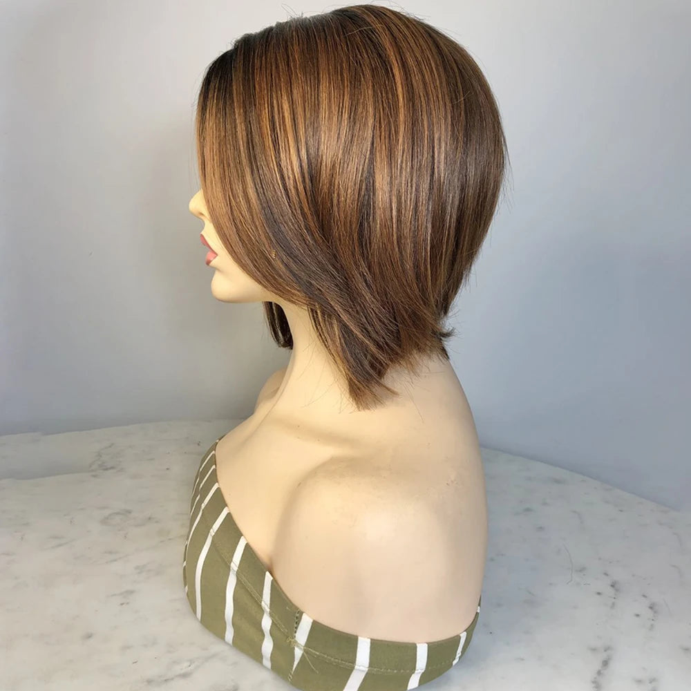 Synthetic Lace Front Wig L Part Straight Short Bob Ombre Rachel Brown Colored Soft Hair Wigs For Women Right Side Part