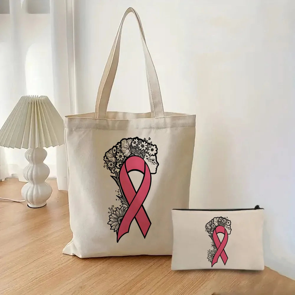 October Pink Breast Cancer Awareness Pattern Bag Set, Lightweight Large Capacity Tote Bag, Party Gift Handbag for Girls