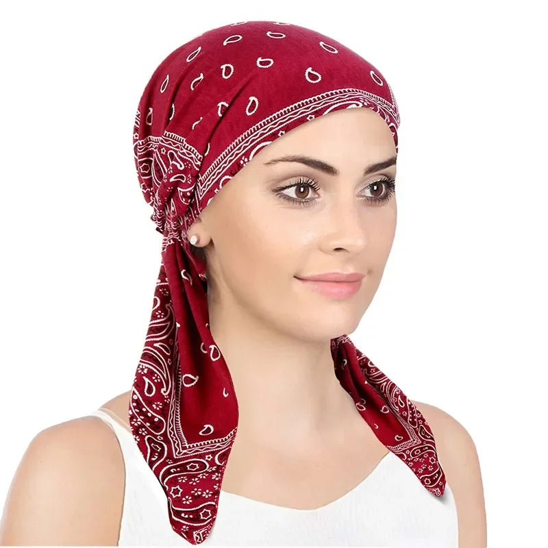 Women Soft Head Scarf Headbands Pre-Tied Head Scarf Printed Ladies Cotton Chemo Cap  Hair Accessories