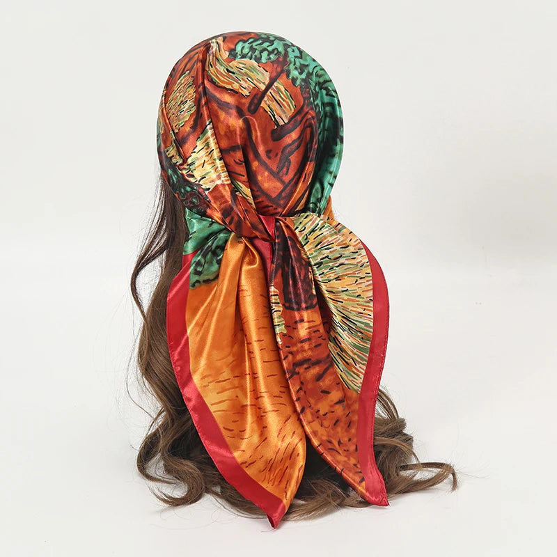 Satin Square Scarf Women  Elegant 2025 Print Silk Neckerchief Shawl Wraps Headband Handle Hair Accessories Bandana