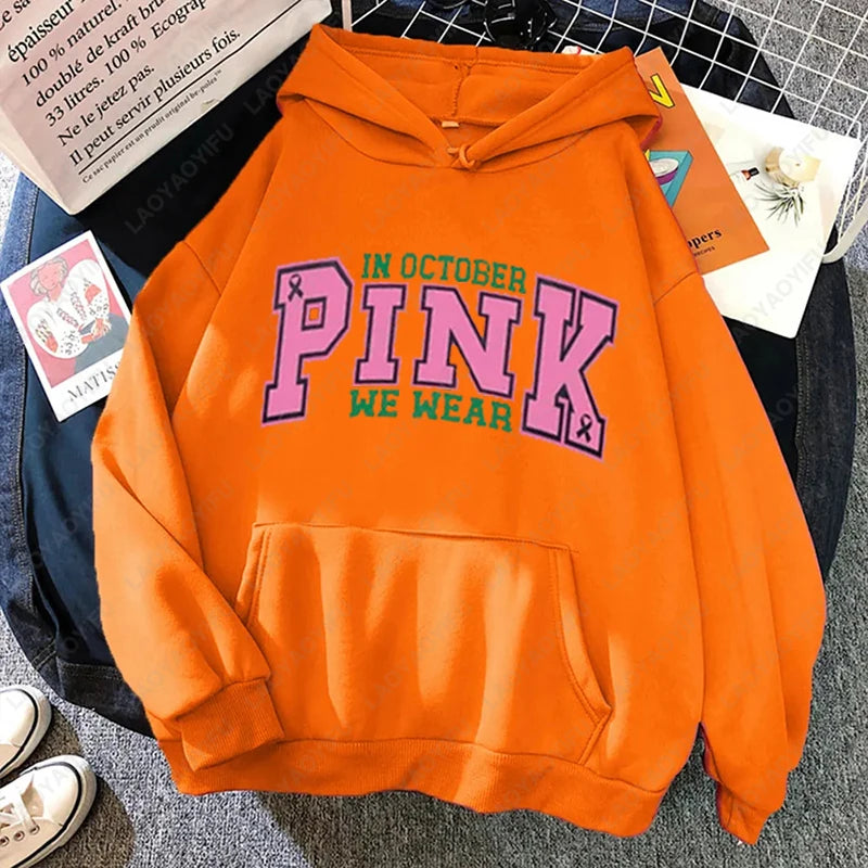Survivor Friendship Preppy Cute Hoodie in October We Wear Pink Breast Cancer Sweatshirt Men Women Simple All Match Warm Pullover