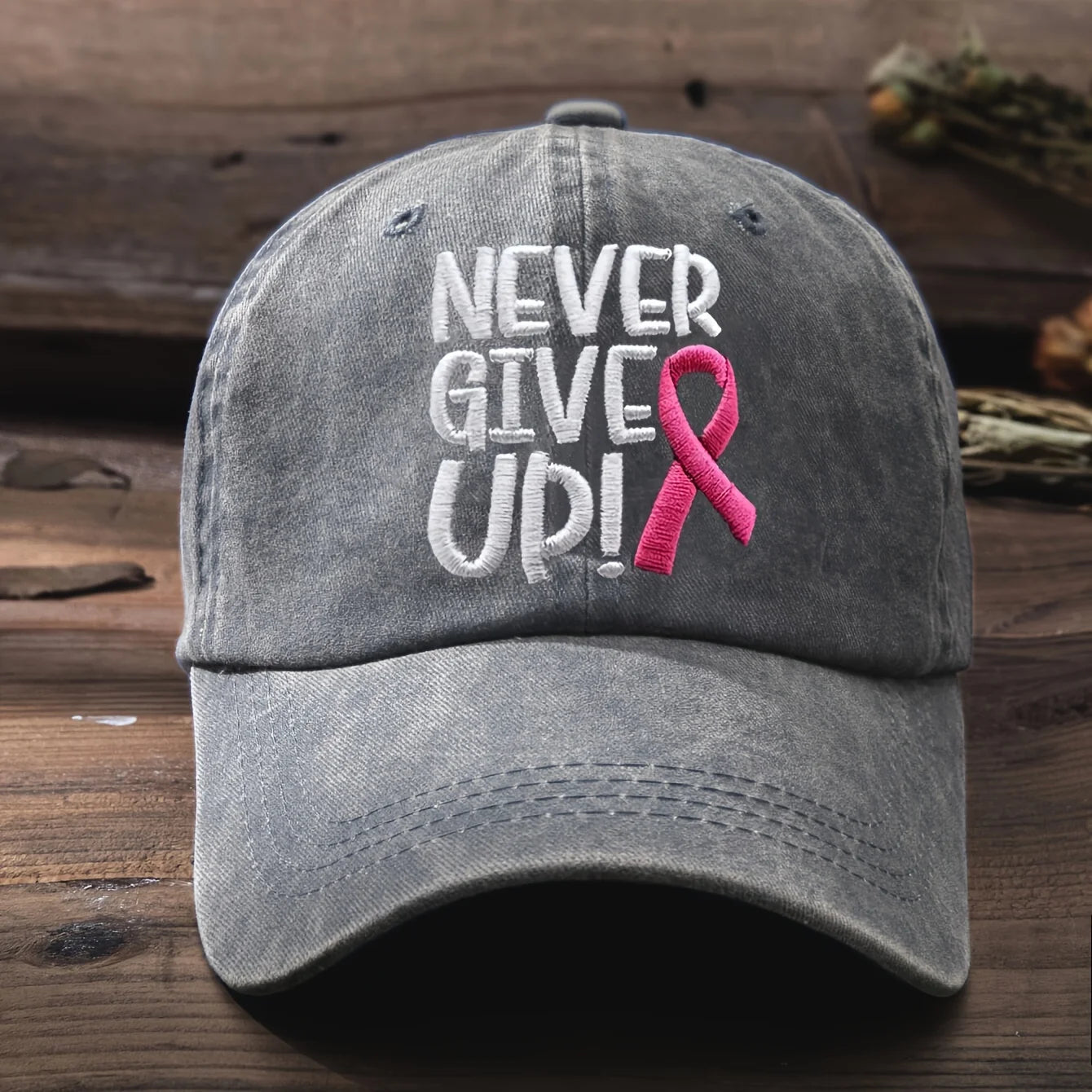 A Pink Ribbon Embroidered Baseball Cap Breast Cancer Awareness, Featuring a 'Never Give Up' Message, Designed for