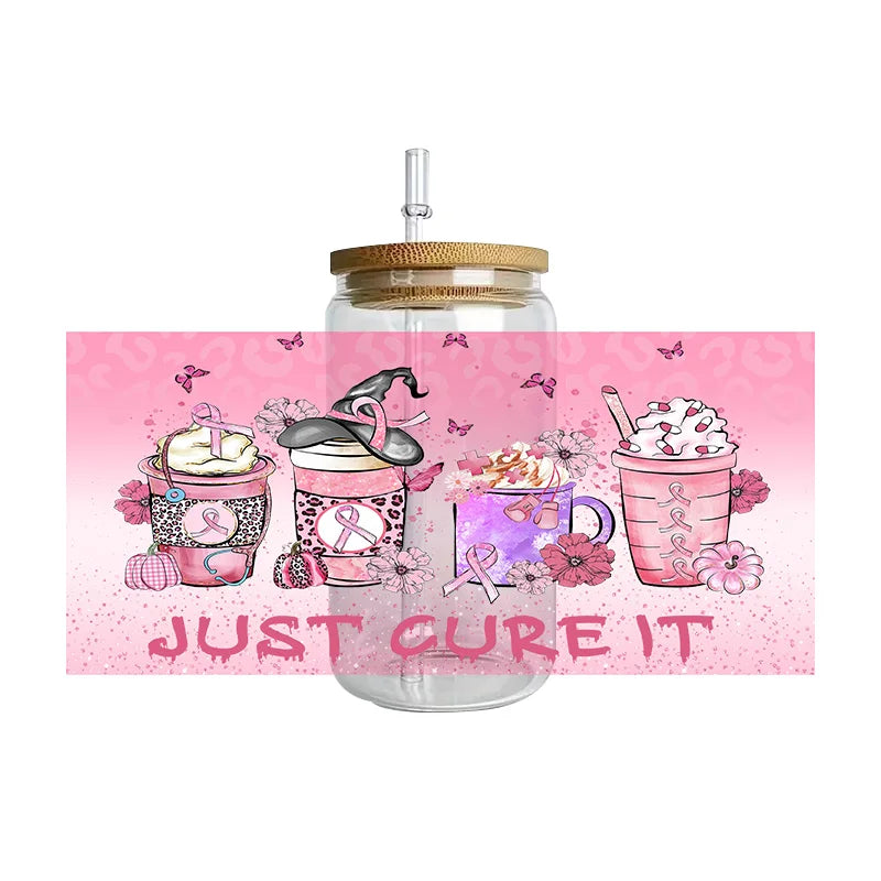 Pink Ribbon Affirmation Cup Wraps Decals for 16oz Libbey Glass Breast Cancer Awareness 3D Transfer Stickers UV DTF Cup Wraps