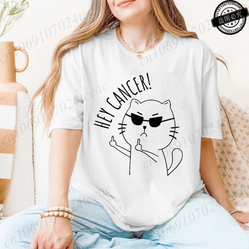 "Hey Cancer" Survivor T-Shirts, Cancer Warrior Shirt, Kitten Awareness Month Tee, Cancer Fighter Gift Shirt for Women Clothing