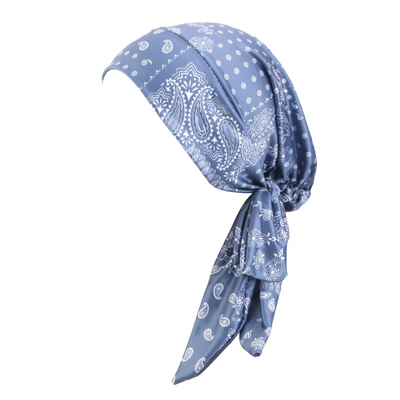 Cap Elastic Print Flower Pre-Tied Long Tail Headscarf Wrap Chemo Bonnet or Band