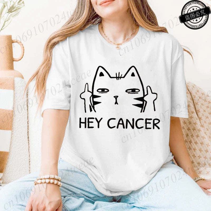 "Hey Cancer" Survivor T-Shirts, Cancer Warrior Shirt, Kitten Awareness Month Tee, Cancer Fighter Gift Shirt for Women Clothing
