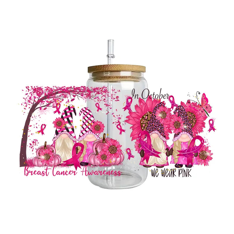 Pink Ribbon Affirmation Cup Wraps Decals for 16oz Libbey Glass Breast Cancer Awareness 3D Transfer Stickers UV DTF Cup Wraps
