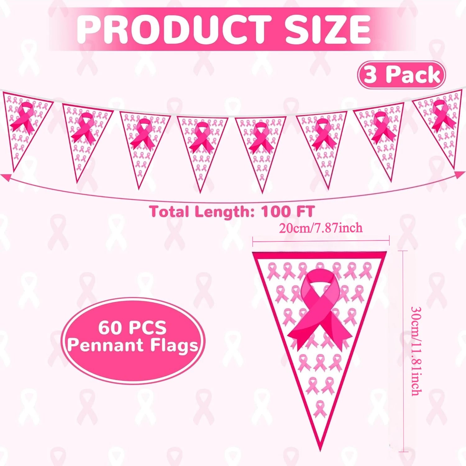 100FT Pink Ribbon Banner-60 PCS Breast Cancer Awareness Pennant Flags to Celebrate someone,  Pre-assembled Decor for Outdoor Indoor Party Wall