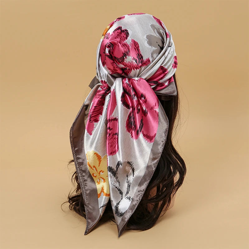 Satin Square Scarf Women  Elegant 2025 Print Silk Neckerchief Shawl Wraps Headband Handle Hair Accessories Bandana