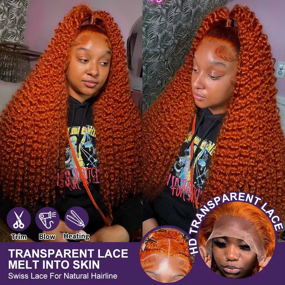34inch Orange Ginger Water Wave Lace Front Wigs 13x4 13x6 #350 Colored Wigs 100% Brazilian Human Hair Deep Curly Wigs 260Density