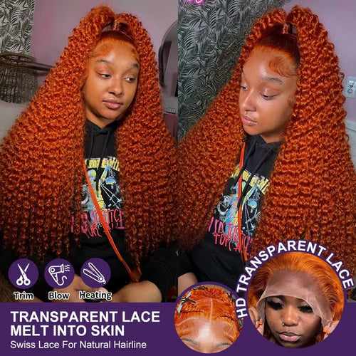 34inch Orange Ginger Water Wave Lace Front Wigs 13x4 13x6 #350 Colored Wigs 100% Brazilian Human Hair Deep Curly Wigs 260Density