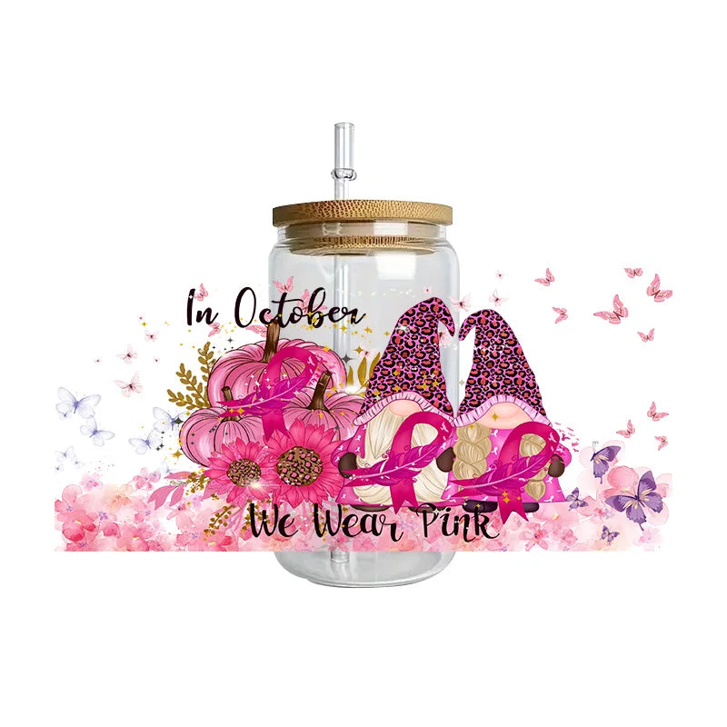 Pink Ribbon Affirmation Cup Wraps Decals for 16oz Libbey Glass Breast Cancer Awareness 3D Transfer Stickers UV DTF Cup Wraps