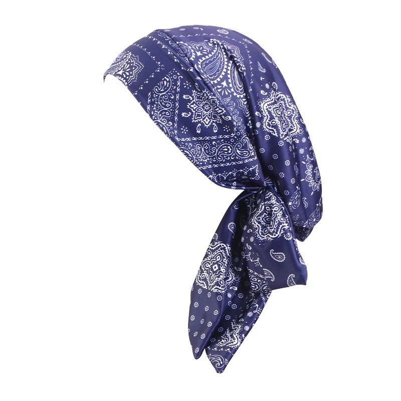 Cap Elastic Print Flower Pre-Tied Long Tail Headscarf Wrap Chemo Bonnet or Band
