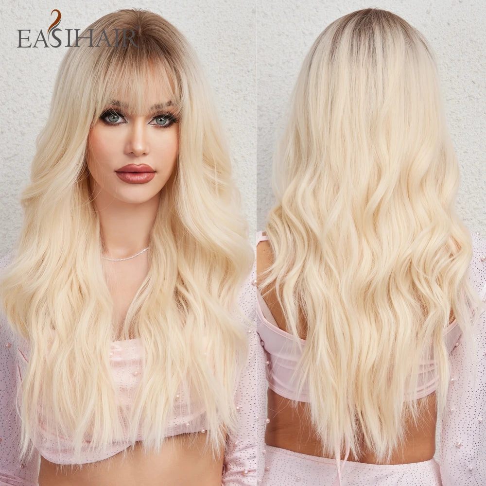 EASIHAIR Sandy Blonde Golden Wavy Synthetic Wigs with Long Hair Wigs for Women Natural Heat Resistant