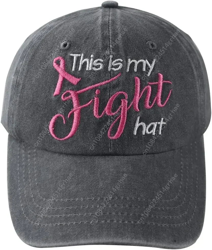 This is My Fight Hat, Distressed Cotton Adjustable Embroidered Pink Ribbon Breast Cancer Baseball Cap