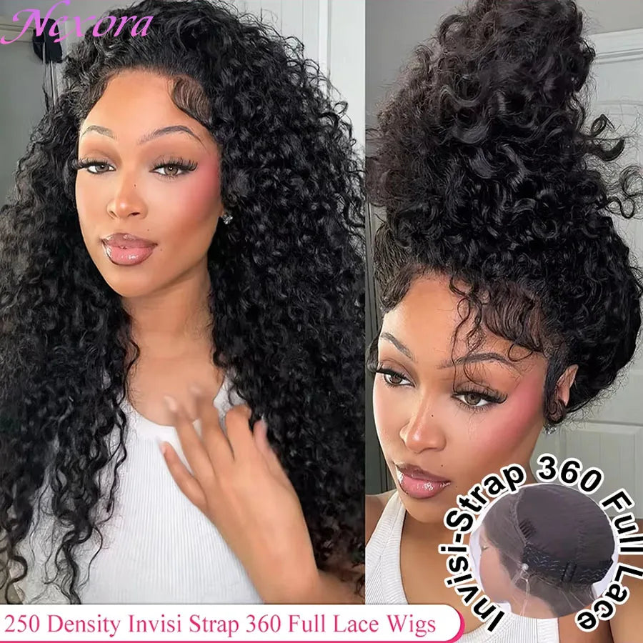 Nexora Curly Wig 1b Black Water Wave 360 human hair full lace Deep Wave Invisible Strap Glueless Lace Wigs