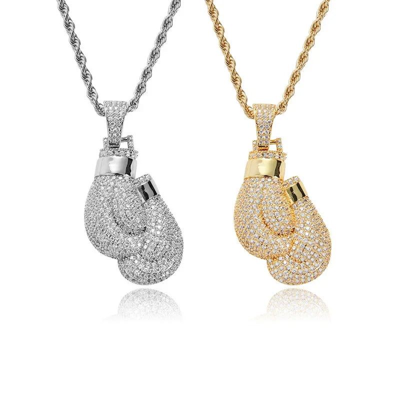KEEP FIGHTING Boxing Gloves Pendant Necklace and Pendant Gold color rhinestones Men's /Women's fighting Necklace Pendant Jewelry