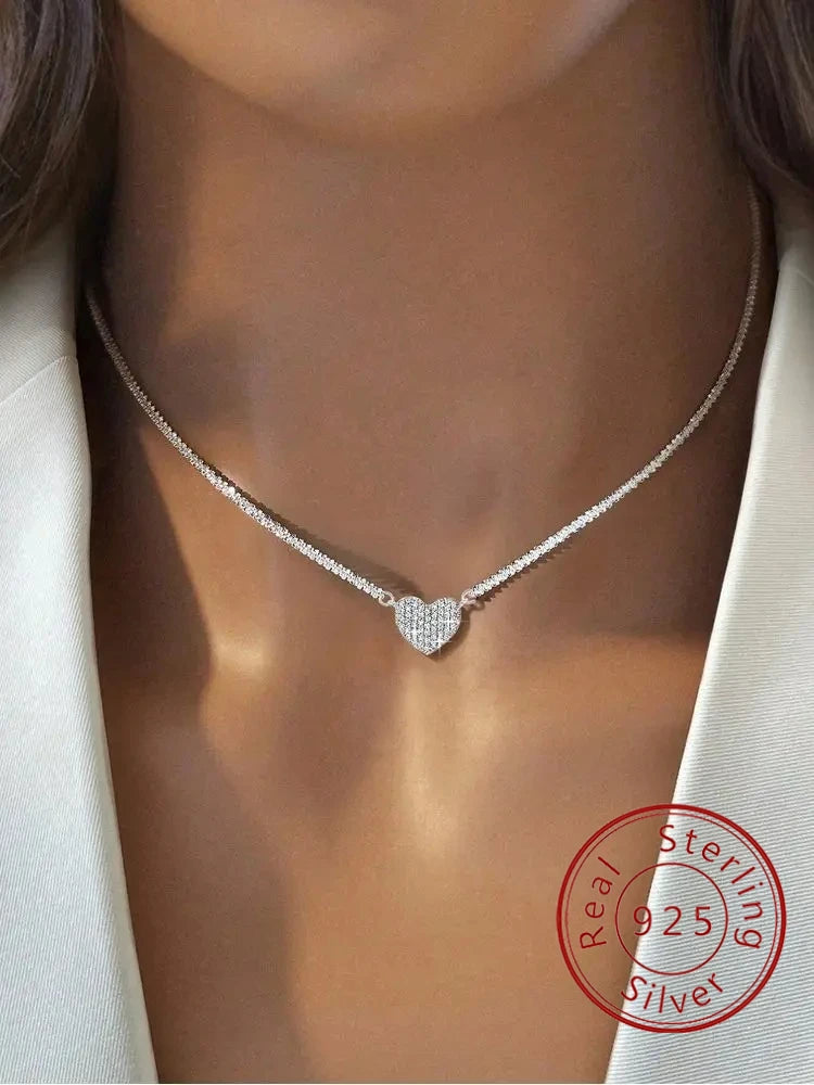 925 Sterling Silver  Fashion Full Zircon Love Heart Necklace For Women Engagement Wedding Luxury High Quality Fine Jewelry