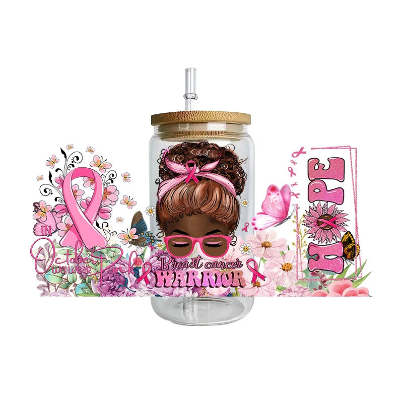 Pink Ribbon Affirmation Cup Wraps Decals for 16oz Libbey Glass Breast Cancer Awareness 3D Transfer Stickers UV DTF Cup Wraps