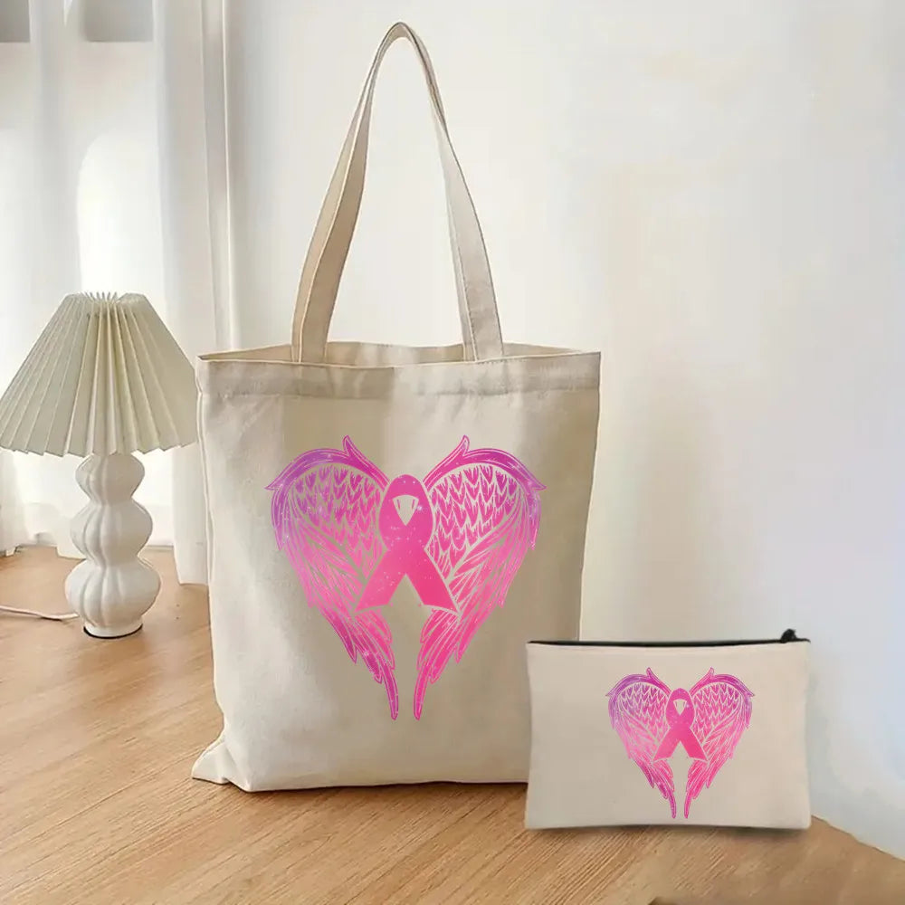 October Pink Breast Cancer Awareness Pattern Bag Set, Lightweight Large Capacity Tote Bag, Party Gift Handbag for Girls