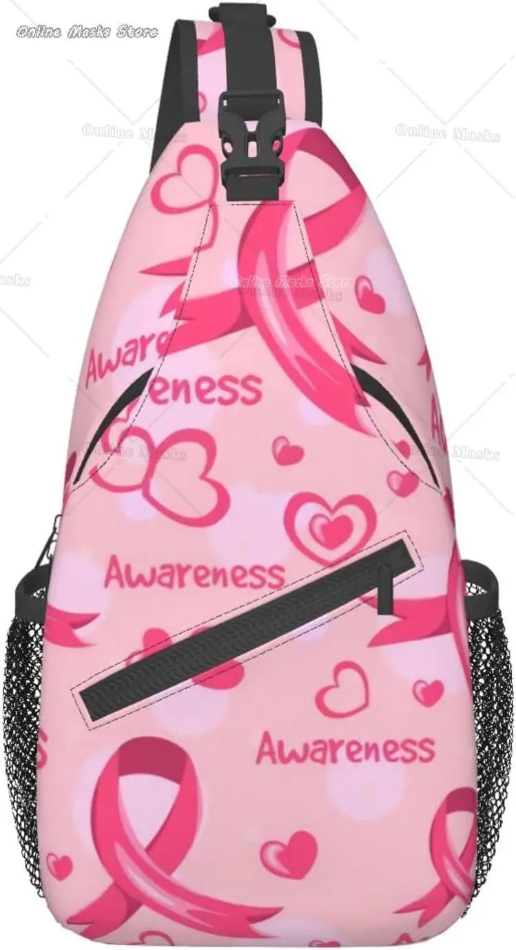 Breast Cancer Pink Awareness Ribbon Sling Bag for Women Girls Shoulder Backpack Chest Bags Crossbody Daypack for Hiking Camping