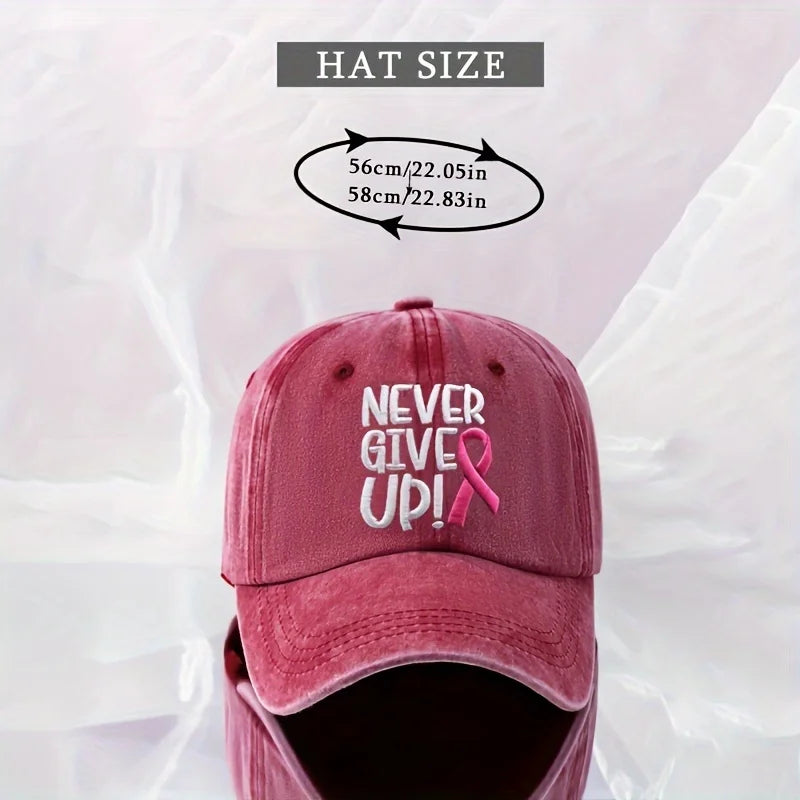 A Pink Ribbon Embroidered Baseball Cap Breast Cancer Awareness, Featuring a 'Never Give Up' Message, Designed for