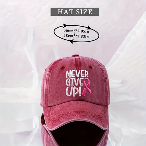 A Pink Ribbon Embroidered Baseball Cap Breast Cancer Awareness, Featuring a 'Never Give Up' Message, Designed for