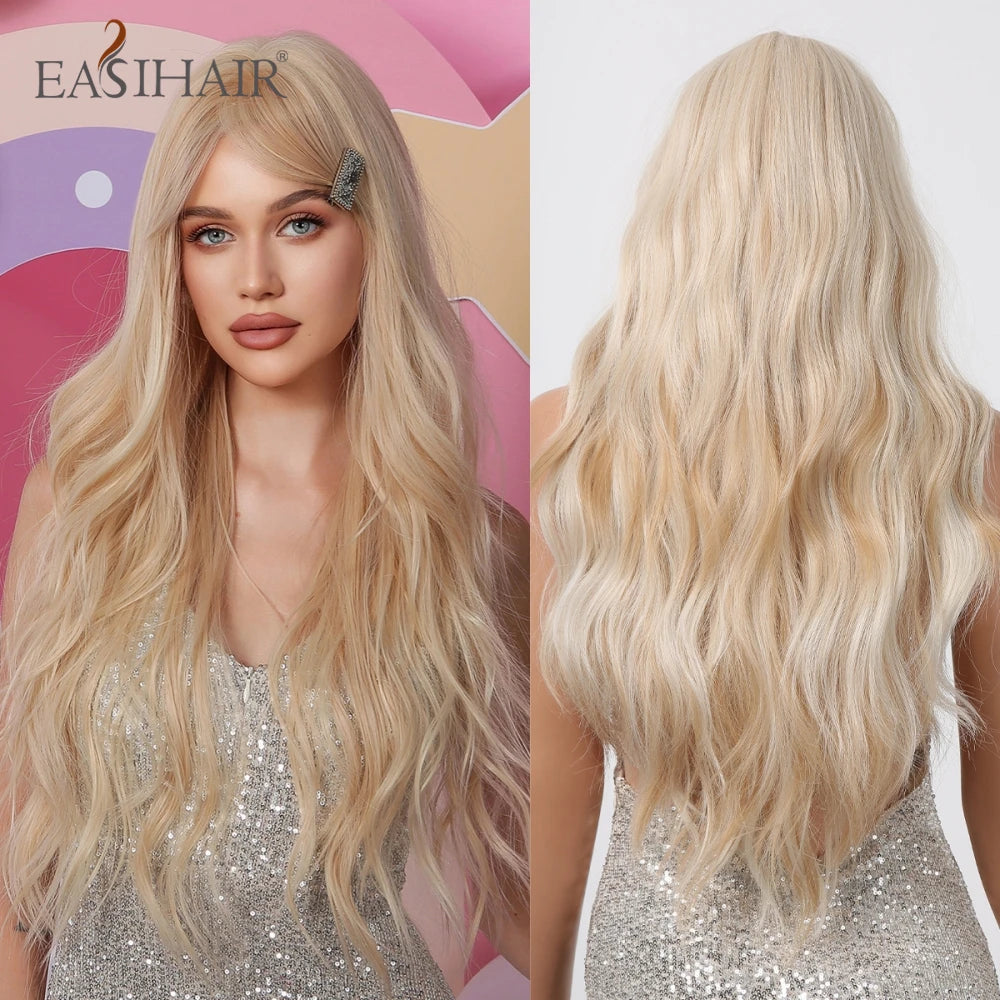 EASIHAIR Sandy Blonde Golden Wavy Synthetic Wigs with Long Hair Wigs for Women Natural Heat Resistant