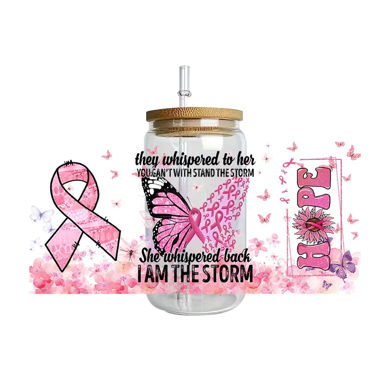 Pink Ribbon Affirmation Cup Wraps Decals for 16oz Libbey Glass Breast Cancer Awareness 3D Transfer Stickers UV DTF Cup Wraps